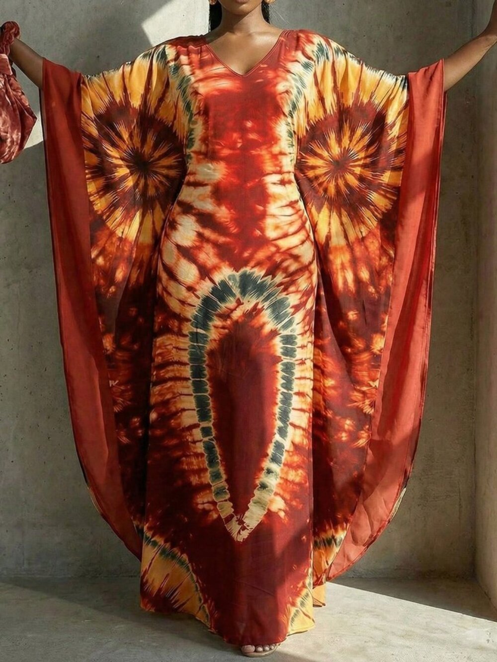 Multicolor Casual Women's Plus Size Tie Dye Batwing Sleeve Long Kaftan
